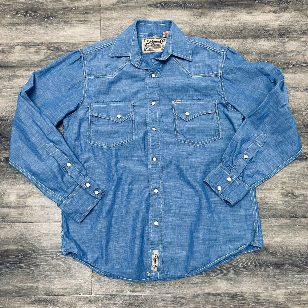 Rafter C Cowboy Collection Blue Chambray Mens Small Long Sleeve Shirt Pearl Snap